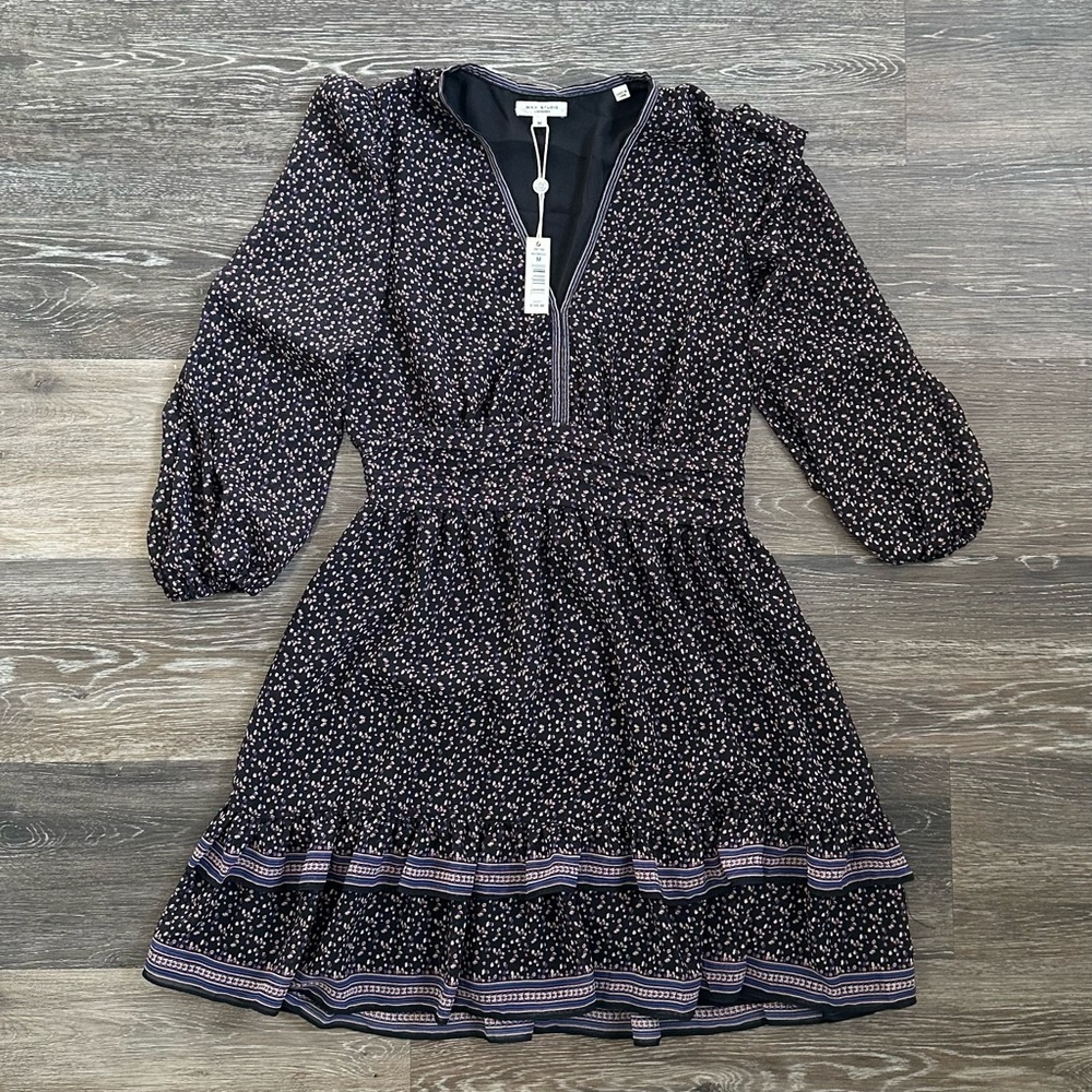 Max Studio London Black Floral Tiered Ruffle Mini Dress V-Neck Long Sleeve M